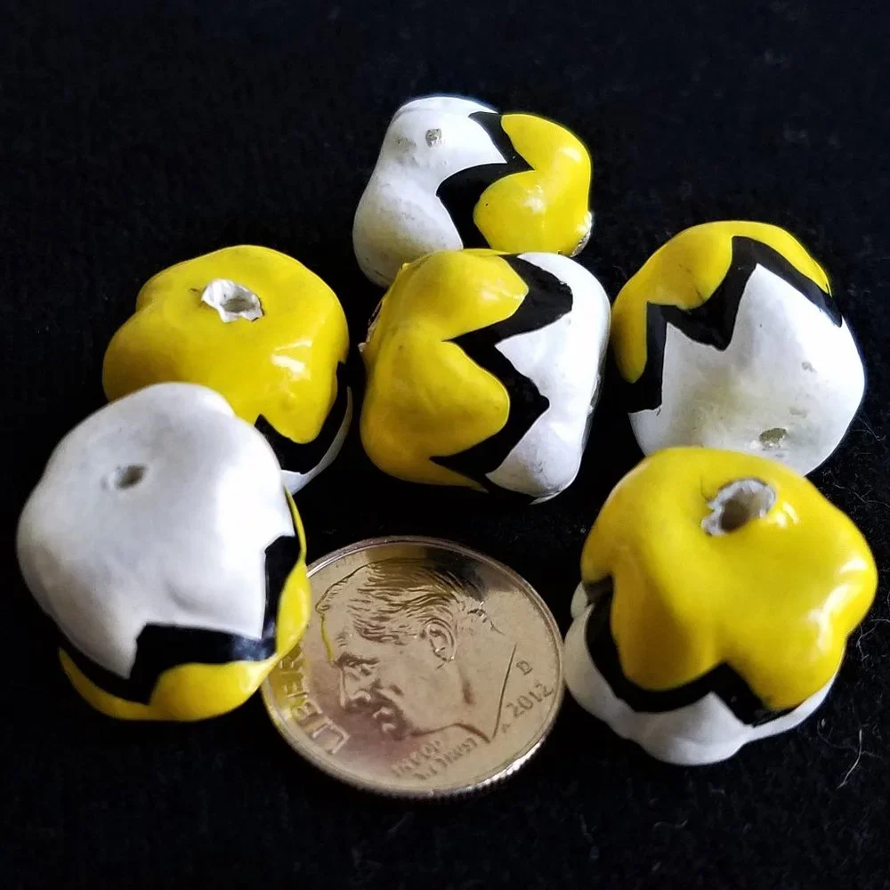 6 handpainted BEADS yellow white black papier mache lot last set!